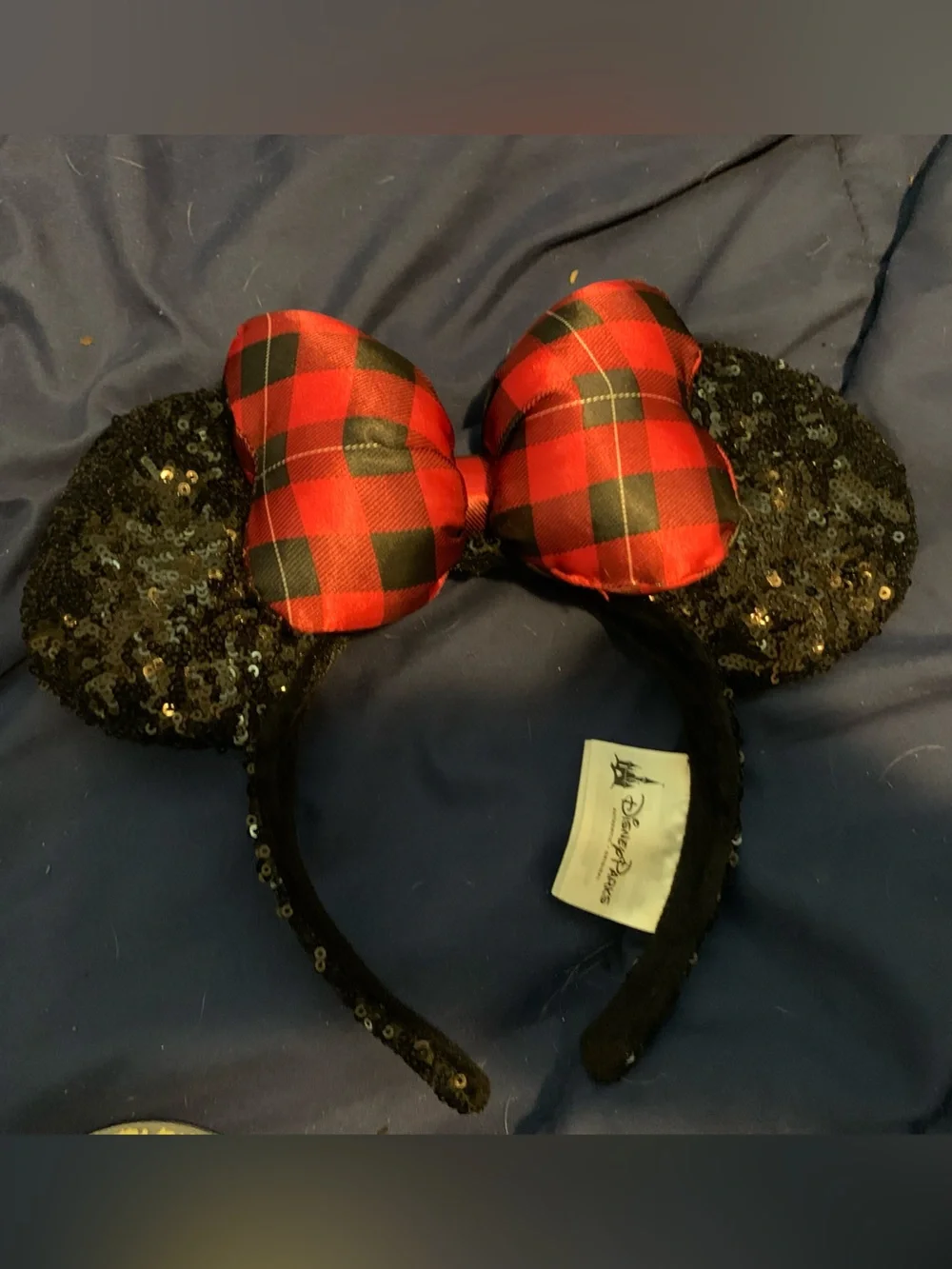 Sequin Minnie Ears Headband with Red Plaid Bow